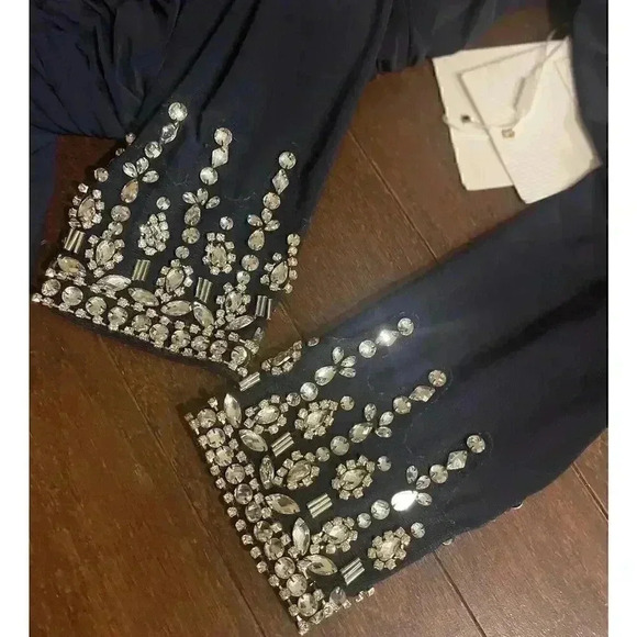 Mac Duggal Gown 8 Beaded Cuff Drop Shoulder Beaded Faux Wrap Slit Wedding Navy M - Picture 11 of 15